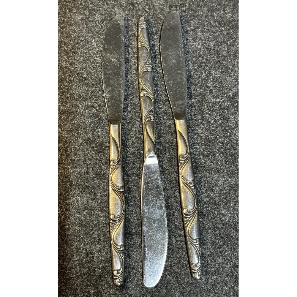 Orleans Ladies Fingers Pattern Stainless Set of 3 Dinner Knives Japan Vntg 50's